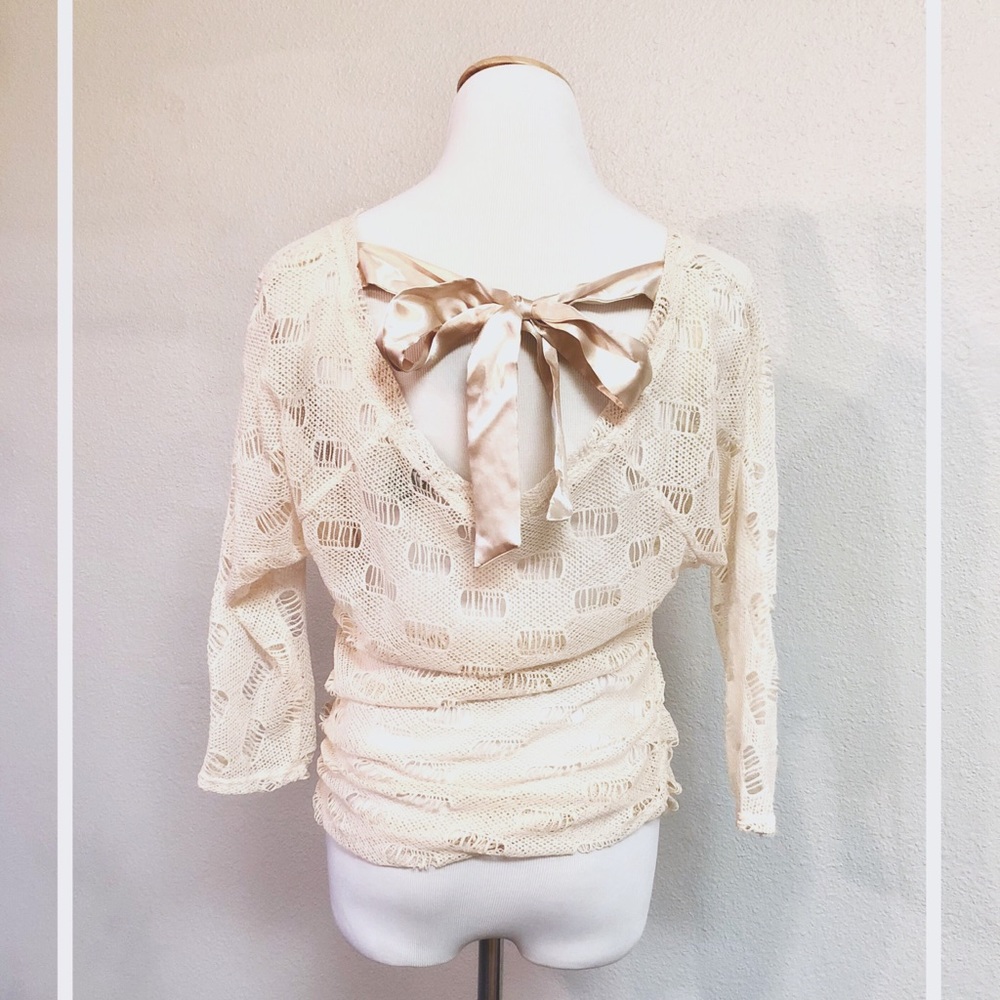 Cream Mesh Long Sleeve Top with Silk Bow